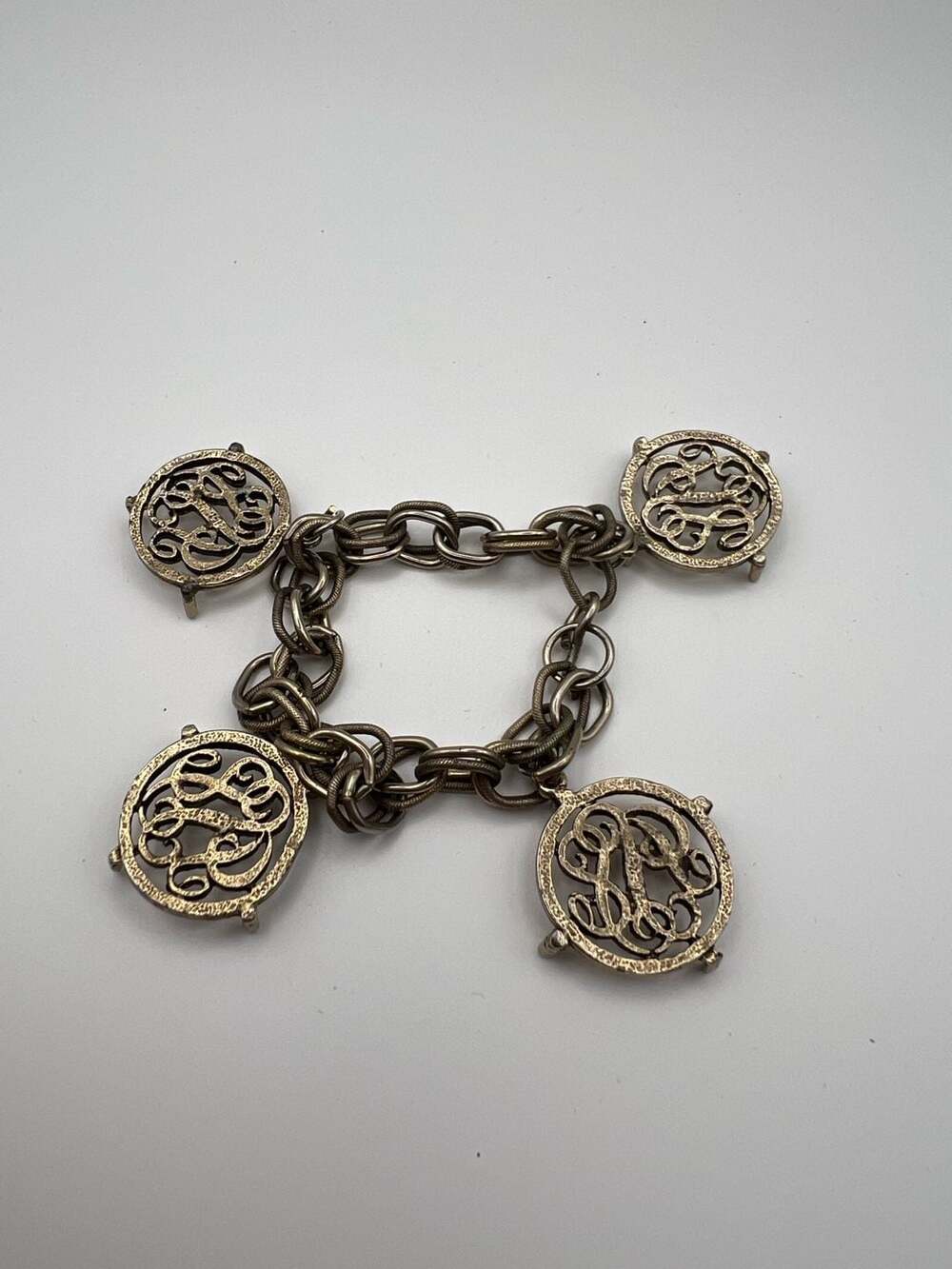 Vintage Silver Tone Monogram Charm Bracelet